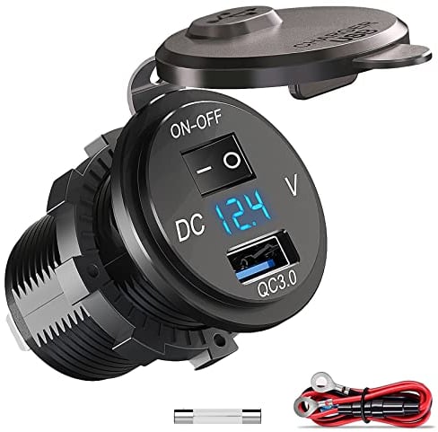 QC 3.0 USB Steckdose KFZ 12V/24V - Quick Charge 3.0 Auto Ladegerät Einbau Buchse Wasserdicht Zigarettenanzünder Adapter mit Schalter LED Voltmeter Spannungsanzeige für Motorrad Boot LKW Wohnwagen