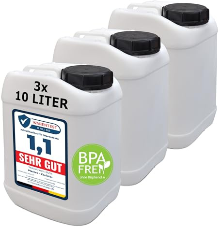 plasteo® 3 bidones de cuello ancho de 10 litros (cierre 96 OV-A) | Apto para alimentos | Portátil y resistente | Bidón de agua para camping | Sin BPA | Fabricado en Alemania