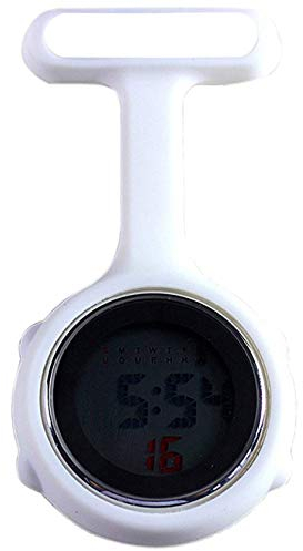 WONOLO Pin On Multi-Function Digital Silicone Fob Nurse Watch Night Lights Stopwatch for Women Men (White)