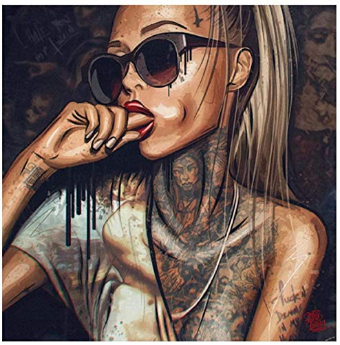 YHJJ Poster Bild Coole Tattoo Mädchen Bilder Sexy Frauen Graffiti Street Art Porträt Poster Leinwand Malerei Wohnkultur 50x50cm ohne Rahmen
