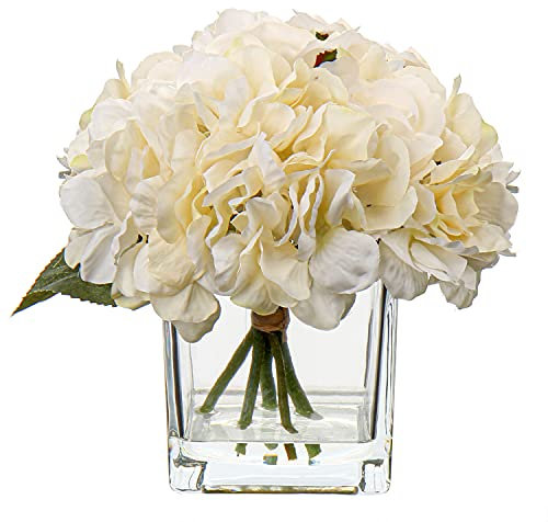 Briful Artificial Roses Artificial Flowers in Vase Silk Roses Hydrangeas in Fake Water for Wedding Decoration Fake Flowers with Glass Vase Arrangement for Home Room Decor Table Centerpieces