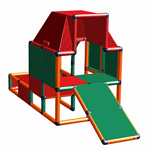 move and stic - Spielhaus Fabian mit Dach und Kleinkindrutsche orange-rot-grün Indoor Outdoor Gartenhäuschen Spielturm Kletterturm