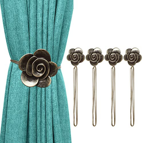Lewondr Vintage Magnetischer Vorhang Raffhalter, 2 Paar Harz Kamelie Vorhangschnalle mit Starkem Dauerhaftem Magneten für Dekoration Zuhause Cafe Büro, Bronze