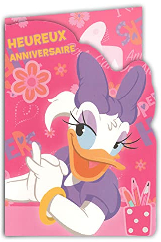 Creativ'World 200004!DAISY! Geburtstagskarte, mit Aufklebern, Disney Junior Daisy Duck Minnie Maus, Katze, Figaro, Kanari, Frankie – mit Umschlag, Rosa, Violett, 12 x 17,5 cm