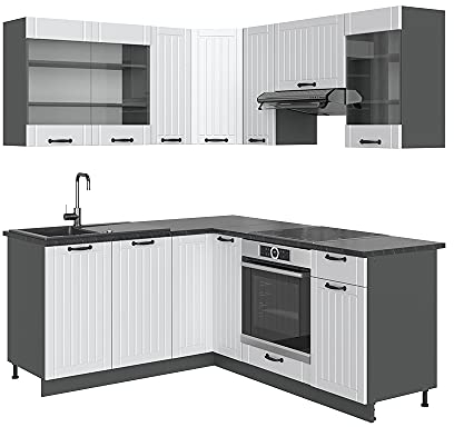 Vicco Eckküche Fame-Line, Weiß Landhaus/Anthrazit, 160 x 190 cm ohne Arbeitsplatte