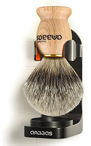 Anbbas Badger Hair Shaving Brush with Wall Mounted Brush Holder Shaving Set for Traditional Shaving | Badger Hair Good Water Absorption Skin Friendly Lather No Shedding Easy To Clean Morning Personal Care Adjustable Stand