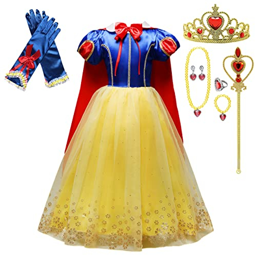 Lito Angels Deguisement Robe Princesse Blanche Neige avec Cape et Accessories Enfant Fille, Costume d'halloween Anniversaire Fete Carnaval, Taille 6-7 ans, Style C