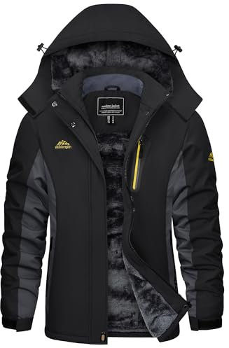 KEFITEVD Skijacke Damen Wasserdicht Atmungsaktiv Softshelljacke Warme Jacke Übergangsjacke mit Kapuze Winddicht Thermojacke Schneejacke Schwarz-Grau M