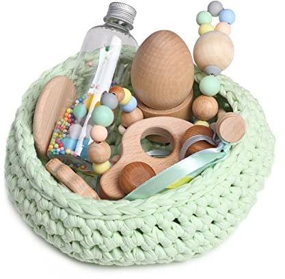 Cesto tesoros bebé. Cesto sensorial bebé. Juego estimulación sensorial Montessori para bebés entre 4 y 18 meses. ¡Más que un juego para el aprendizaje de tu bebé! COLOR MINT