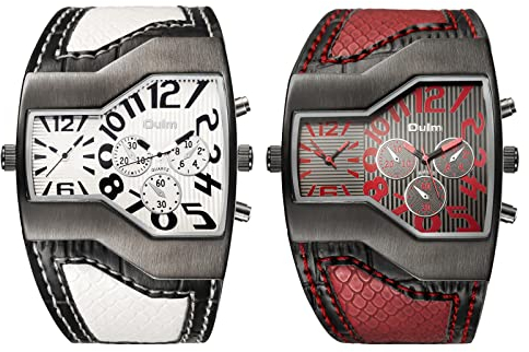 JewelryWe 2pcs Herrenuhren Analog Quarz Zwei Zeitzonen Armbanduhr Weiß/Rot Breit Leder Armband Sportuhr Männer Uhren mit Digital Zifferblatt Geschenk