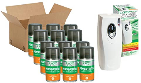 Copyr Kenyasafe Extra e Copyrmatic Evolution Night & Day - Insetticida Antizanzare, Mosche, Insetti Volanti, 12 Bombole 250ml + Erogatore Automatico, Piretro Insetticida Biologico e Repellente Zanzare