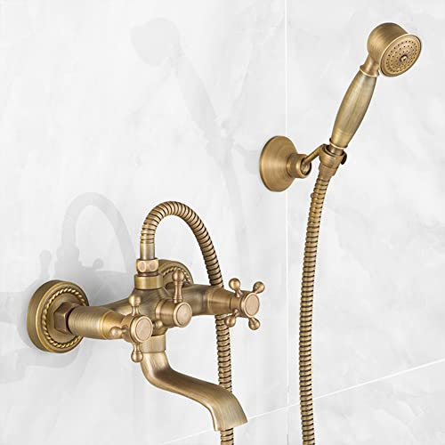 Badewannenarmatur Wannenarmatur Mit Handbrause Retro Antik Stil Messing Wandmontage Zwei Griffe Wannenbatterie, Duscharmatur, Antik Messing