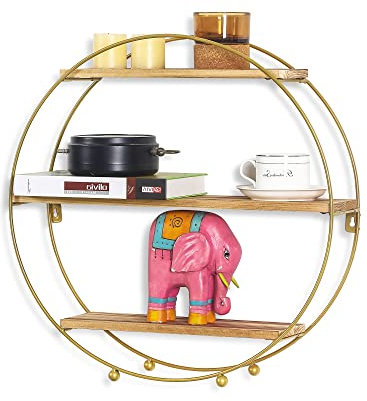 Joveco Runde schwebende Regale Wandmontage Regal Stabiles Holz Golden Metall Dekoratives Regal für Wohnzimmer Schlafzimmer Badezimmer Küche Büro Wohnzimmer Waschküche (Gold)