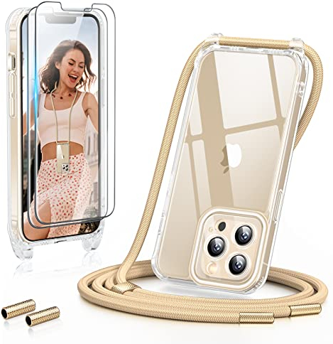 GOODVISH 3 in 1 Handykette für iPhone 13 Pro 6,1, mit 2 Stück Schutzfolie | 360°-Schutz | Kameraschutz | Necklace Hülle mit Band Handyhülle für zum Umhängen | Transparent Case mit Schnur - Gold