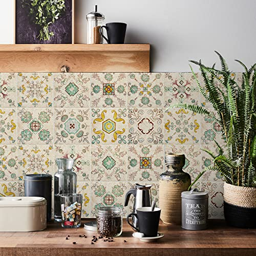 HORIWE Beige Victorian Tile Stickers Vintage Wall Decal Sticker Adhesive Tile Art DIY Kitchen Bathroom Backsplash Floor Home Decor PVC Waterproof Oil Proof New 4x4 Inches 24pc