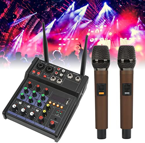 Cyllde Stéréo familiale Petite Table de mixage stéréo Bluetooth 4 canaux avec 2 Microphones sans Fil Processeur stéréo Familial pour la Diffusion en Direct Processeur pour la Diffusion en Direct