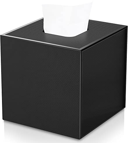 JiaWei Quadratisch Taschentuchbox, Aus 1600 g/m² Extra Starkem Karton, 13x13x13,5 cm Kosmetiktücher Box mit Magnetdeckel & Prägung für Esszimmer Wohnzimmer Schlafzimmer Büro - Schwarz