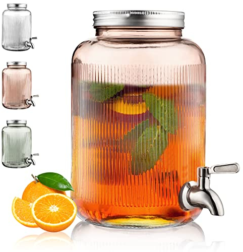 Kyraton Glass Beverage Dispenser, 4L Drink Dispenser for Parties with Stainless Steel Leak-Proof Faucet, Lemonade Juice Jar Beverage Dispenser for Parties, Home, Bar, Wedding