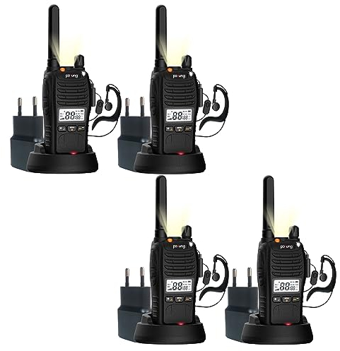 PT88 PRO Walkie Talkie Professional PMR446 lizenzfreies, tragbares, wiederaufladbares Funkgerät 16CH mit LED-Anzeige, Blinkalarm, TOT, CTCSS/DCS, VOX und USB-Ladestation (4Pack mit Adapter)