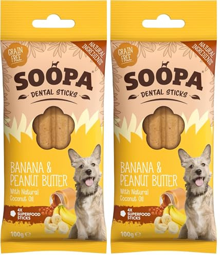 Soopa Grain Free Banana and Peanut Butter Dental Dog Treats, 4 Sticks,100 g (Pack of 2)