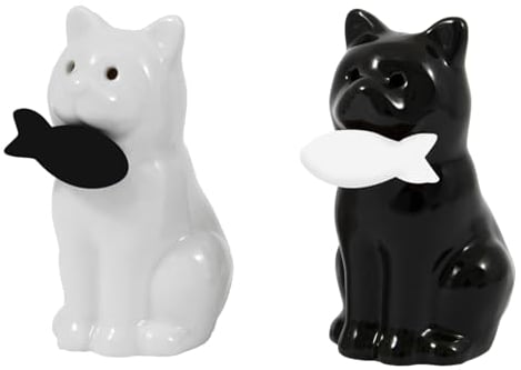 Fisura – Salero y pimentero original Set de sal y pimienta para la mesa con forma divertida Juego de salero y pimentero de cerámica. Salero de mesa (Gatos, blanco y negro)