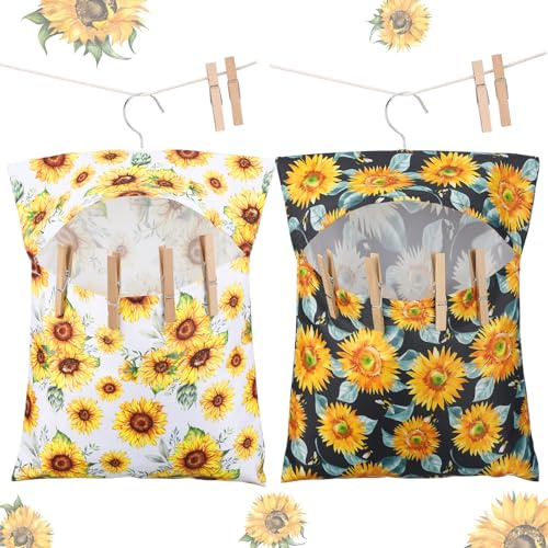 Ribbonlic 2 Pcs Clothespin Bag with Hanging Hook Waterproof Laundry 13 x 12 Clothes Pin Holder Hanging Bag with Large Opening Clothespin Storage Organizer for Summer Clothesline Outdoor(Sunflower)