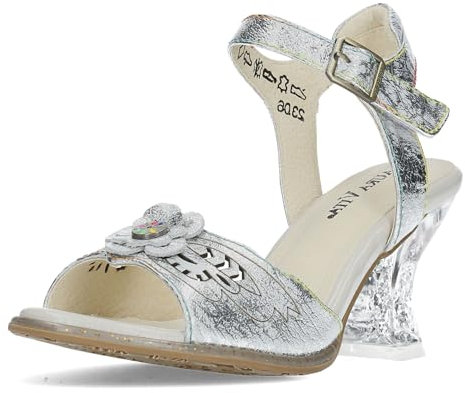 Laura Vita Damen Leder Sandalette Blüte Perforierung Blockabsatz Fregateo 13, Größe:39 EU, Farbe:Silber