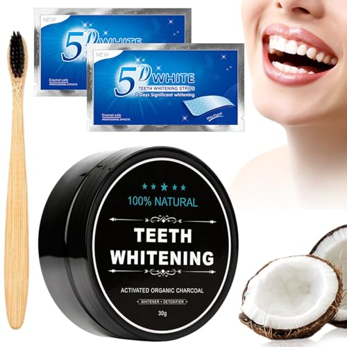 Poudre de Blanchiment des Dents,Blanchiment Dentaire Naturel,Dents Au Charbon Actif Poudre,1 Brosses à Dents en Bambou,2 Bandes Blanchissantes,Pour Enlever les Taches et Blanchir les Dents