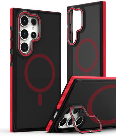 YANJIEER ESONG Magnetische Schutzhülle für Samsung Galaxy S24 Ultra hülle MagSafe,Ultra Dünne Matt Cover Case mit Kamera RingStänder,Military Stoßfeste Robust Hard Handyhülle Rot