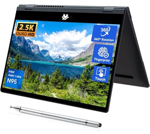 LONGEVINCE 14'' 2 in 1 Touchscreen Laptop,2560 * 1440 IPS LCD,Celeron N95(up to 3.4GHz), 16GB DDR4, 360°Open and Close with Stylus Pen, Backlit Keyboard,Fingerprint Unlock,2.4G/5G WiFi (16G+256GB SSD)