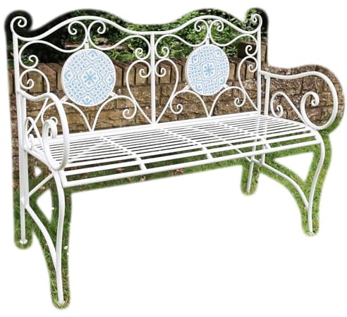 Darthome Mediterranean Mosaic Garden Bench 104cm 2 Seater Wrought Iron Outdoor Patio Furniture