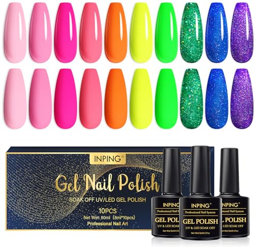 INPING UV Nagellack Neon,10 Farben Gel Nagellack Set Blau Rot Gelb Fluo Farbe Soak Off UV Gel Sommer Regenbogen Nail Art Geschenke für Mädchen, 8 ML