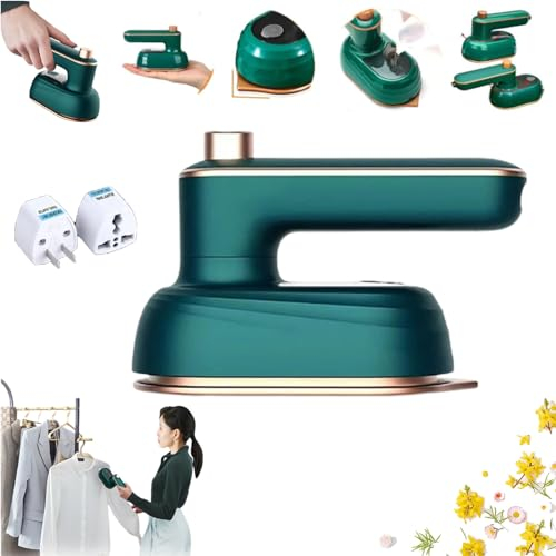 Rotary Garment Iron, Portable Handheld Garment Mini Electric Iron, Travel Iron Mini with Steam, Rotatable Portable Iron Steamer, Dual Voltage Travel Steamer, Foldable for Travel and Home Use (Green)