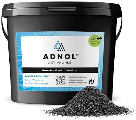 ADNOL® Aktivkohle Granulat 10 Liter aus Kokosnussschalen für Wasserfilter für Aquarium und Teich, Mesh 6x12, Körnung 3,35-1,7mm, Energieklasse A, als Carbon Filter verwendbar