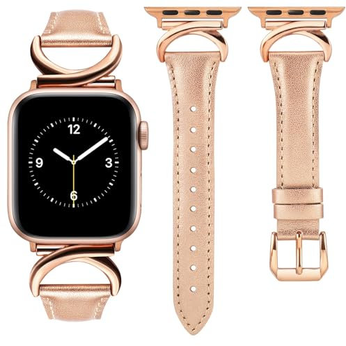 TOYOUTHS Lederarmband kompatibel mit Apple Watch Armband 41mm 40mm 38mm 42mm Damen, Schlank Elegant Dressy Armbänder mit C-förmiger Schnalle für iWatch 10/9/8/7/SE/6/5/4/3/2/1, Rose Gold/Rose Gold