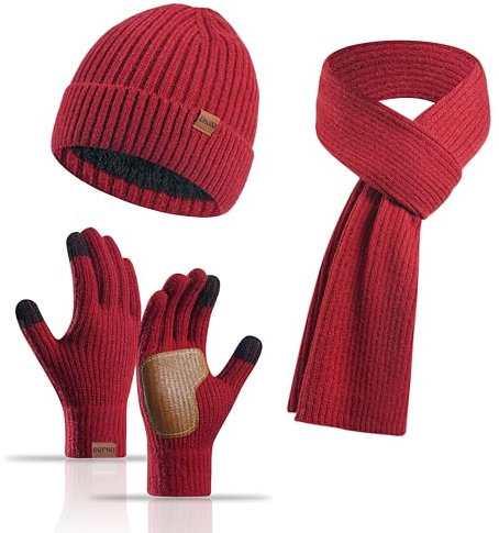 Yoolhamy Mütze Schal Handschuhe Set Damen, 3pcs Wintermütze Damen Beanie mit Mütze Fleece Gefütterte Wärmer Schla Touchscreen Handschuhe Damen Winter Thermo Strickmütze für Outdoor-Skimütze