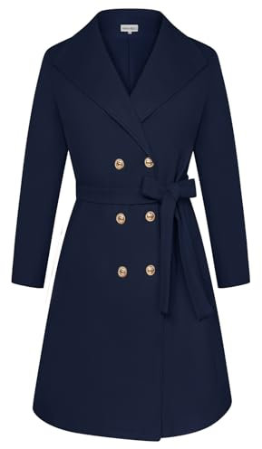 Hanna Nikole Damen Große Größe Zweireihige Wollmantel Mittellanger Trenchcoat mit Gürtel Winter Mantel Dunkelblau 46