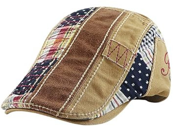 HIQIU Retro Patchwork Schirmmütze Herren Barett Cap,Schiebermütze Newsboy Flat Cap Herren Cabbie Hunter-Hut Baskenmützen (DE/NL/SE/PL, Alphanumerisch, M, L, Beige)