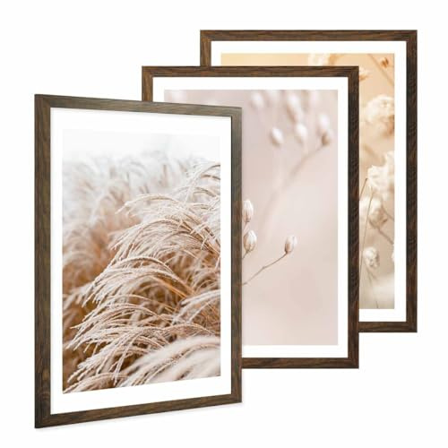 PHOTOLINI Bilderrahmen A2 Holz MDF Eiche dunkel, 3er Set breiter A2 Bilderrahmen 42x59,4 zum Aufhängen, Rahmen 42x60, bruchsicheres Acrylglas & Zubehör - Poster Frame für Ihre stilvolle Wanddekoration