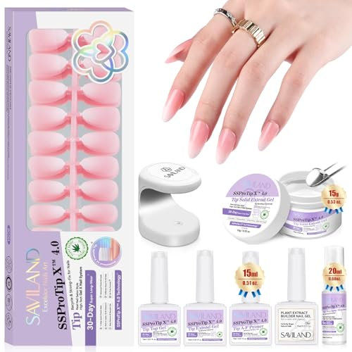SAVILAND Kit d'Ongles en Forme d'Amande: 16 Tailles de Faux Ongles à Pointe Française, Colle pour Ongles et Dissolvant, Kit Complet avec Gel Constructeur Clair et Lampe à Ongles