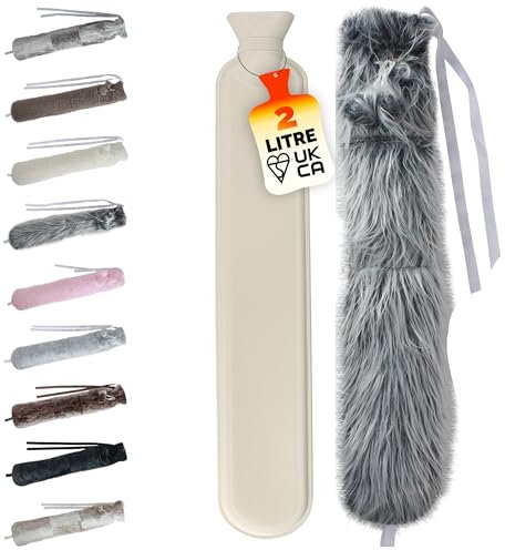 LKH Long Hot Water Bottle with Cover - 2L Extra Long Hot Water Bottle with Faux Fur Washable Cover, Pom Poms - 72CM HotWater Bottle for All Kinds of Pain Relief - Gifts for Women