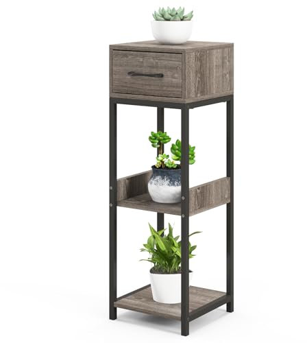 COSTWAY Scaffale per Piante Interno a 3 Livelli, Scaffale Portafiori con Cassetto, Ripiano e Dispositivi Antiribaltamento, Scaffale Portavasi da Casa e Ufficio, Portata 60 kg (1)