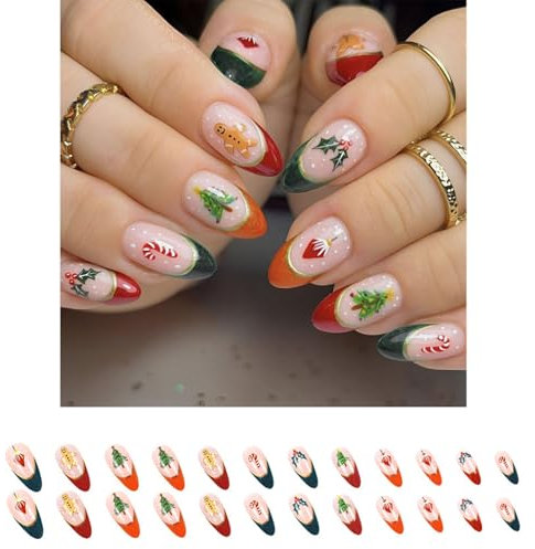 Christmas False Nail, Red Gingerbread Short Almond Fake Nails, Cute Green Forest Snowflakes, Full Cover Press on Nails, French Tip for Women, 24PCS Set Art Manicure with Glue Stickers