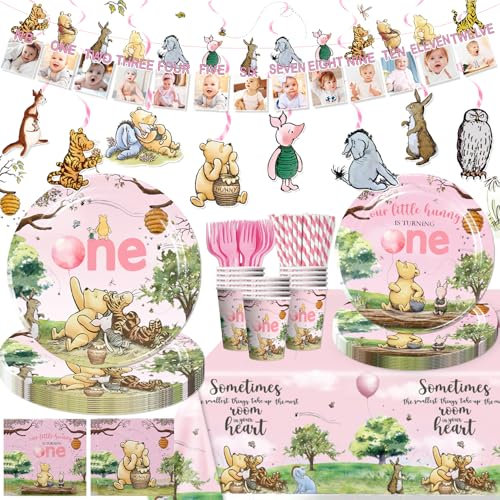 169 Pcs Winnie First Birthday Decorations for Girl Serves 25 Guests, 1st Birthday Decorations Girl Include Banner, Plates, Napkin, Cup, Forks, Straw and Tablecloth, 1st Party Decorations