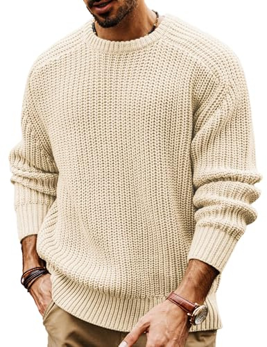 PJ PAUL JONES Sweaters for Men UK Crew Neck Thick Warm Jumper Chunky Knit Jumper Long Sleeve Beige M