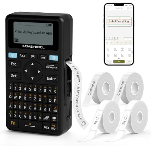SUPVAN E11 Bluetooth Label Maker Machine with 4 Tapes, Support Keyboard & App with 30+ Fonts and 660+ Icons, Rechargeable Inkless Labeler for Home, Kitchen, Office, School, Organization, Black