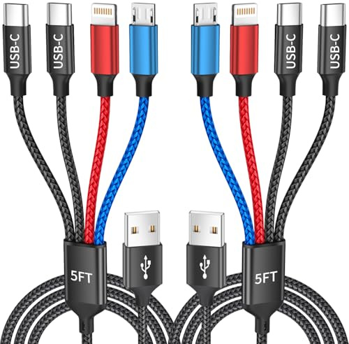 Lot de 2 câbles de charge universels 4 en 1 de type C pour plusieurs appareils, câbles USB universels pour chargeur de téléphone avec port IP/Micro/2 USB-C pour iPhone 17/16/15/14, tablette Android