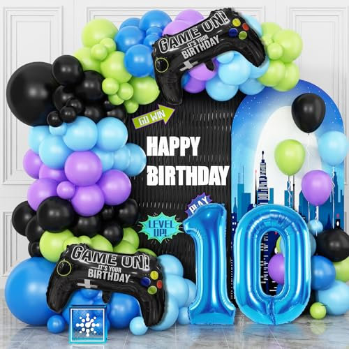 10th Birthday Video Game Balloons Arch, 10th Game Party Balloon Garland Kit 10th Boys Birthday Supplies with Blue Number 10 Balloon Game Foil Balloons for 10 Year Old Teens Boys Party Decor
