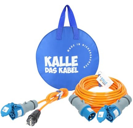 KALLE DAS KABEL Camping Starter Set Polyurethan Campingkabel 25 m Campingkabel Standard + Adapterkabel (H07BQ-F 3G 2,5 mm² Orange Polyurethan-Verlängerung)