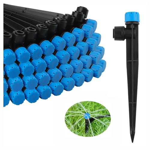 Kalolary Drip Irrigation Emitters - Quick Connect Adjustable 360 Degree Water Flow Drippers Emitters for 1/4 Tubing, Garden Irrigation Drippers for House Garden Flower (8 Holes-50P, Blue)